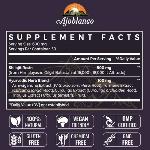 Vista 2 de Ajoblanco 600mg Resina de Shilajit Orgánico Natural del Himalaya - Resina de Shilajit de Oro del Himalaya con Mezcla Ayurvédica Orgánica de Alta