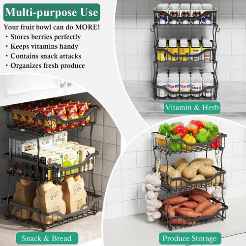 Vista 4 de OKZEST Cesta de frutas de 3 niveles para encimera de cocina, frutero colgante de pared y organizador de encimera de cocina con 2 ganchos de plátano