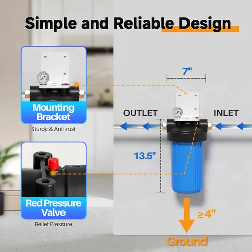 Vista 6 de PUREPLUS Filtro de agua para toda la casa de 1 etapa, con filtro de agua reductor de hierro y manganeso, carcasa universal de cartucho de 10" x