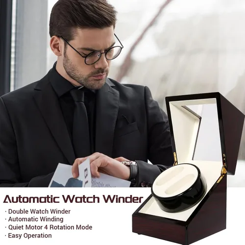 Vista 2 de Uten Caja automática para reloj de madera, caja de almacenamiento de reloj de lujo, enrollador de reloj doble con motor silencioso, 4 modos