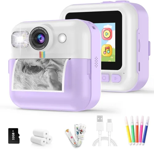 Vista 11 de Cámara para Niños Varones, Cámara de Juguete Portátil de Impresión Azul para Niños Pequeños 1080P Cámaras de Video Niños Cámara de Impresión