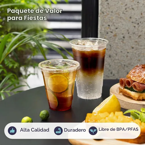 Vista 5 de Fit Meal Prep Paquete de 100 unidades de 32 onzas de vasos de plástico para café helado con tapas planas y pajitas transparentes, vasos desechables