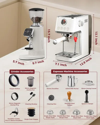 Vista 9 de Tuni E2 Gen3 Espresso Machine with G3 64mm Flat Burr Espresso Grinder Beige