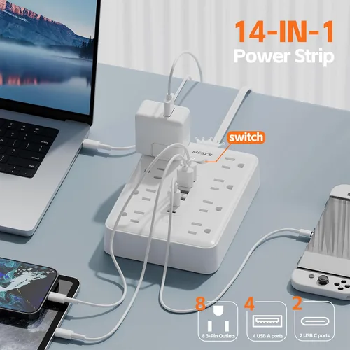 Vista 2 de Tira de alimentación ultra delgada con protector de sobrecarga y sobretensión, enchufe de pared plano con 8 tomas de CA y 6 USB (2 USB C)
