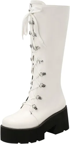 Vista 16 de Parisuit Botas góticas altas hasta la rodilla con hebilla de plataforma para mujer, tacón alto grueso, con cordones, botas de combate punk, con Negro