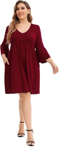 Vista 3 de ShopWonder Vestido casual con cuello en V para mujer, talla grande, manga 34, holgado, con volantes, vestido midi con bolsillos