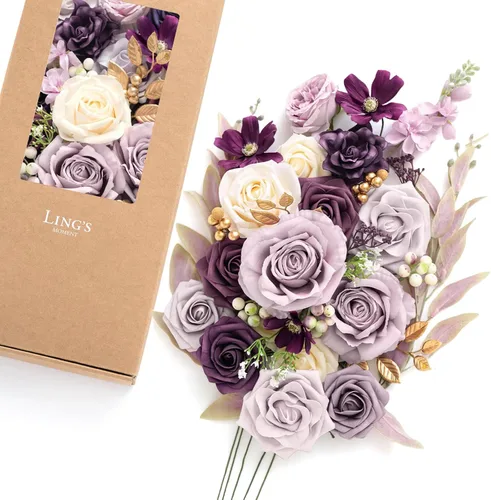 Vista 33 de Ling's moment Caja de flores artificiales, tallos de follaje artificial falso, rosas de espuma, dalia de seda, hierba de pampas, flor de tela