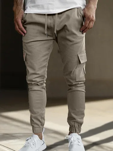 Vista 2 de Comdecevis Pantalones cargo para hombre, casuales, de algodón, con cordón, con 6 bolsillos, para senderismo, exteriores, pantalones de sarga