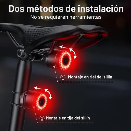 Vista 9 de Luz trasera inteligente para bicicleta, encendido/apagado automático, luz trasera con detección de freno, luz trasera de bicicleta recargable USB C