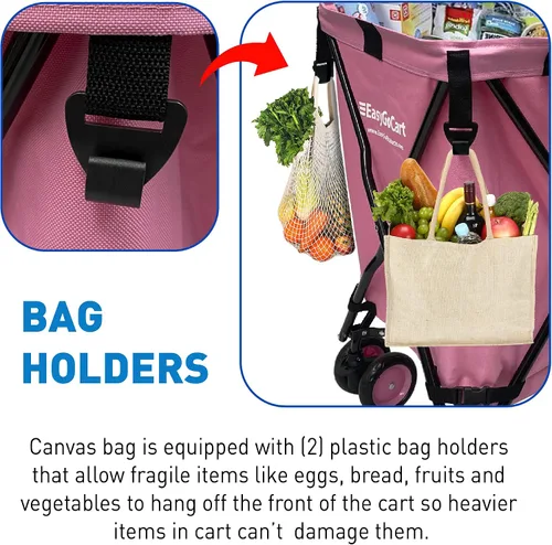 Vista 5 de EasyGo - Carrito de compras plegable con ruedas, lona extraíble, capacidad de 120 libras, color rosa básico