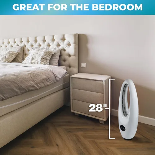Vista 3 de EZ-CHILL Ventilador de torre oscilante sin aspas de 28 pulgadas con control remoto, 3 velocidades con oscilación de 70 grados y temporizador de 9
