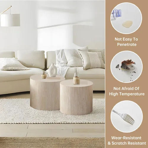 Vista 6 de Juego de 2 mesas auxiliares redondas de travertino de 18 pulgadas (travertino) for Living Room, Travertine Side End Table, Nested Design, Mid