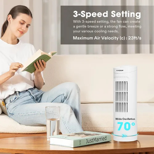 Vista 2 de VIVOSUN Ventilador de torre de 13 pulgadas, ventilador de escritorio sin aspas con 3 velocidades y oscilación de 70°, portátil y compacto