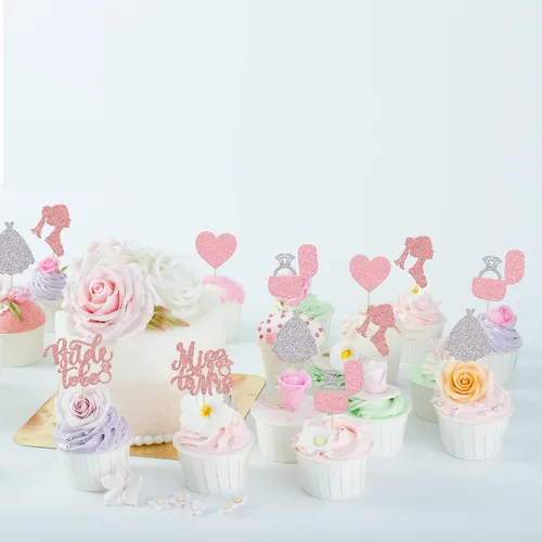 Vista 5 de 24 adornos para cupcakes con purpurina para novia, vestido de novia, cupcake picks Heart Miss to Mrs Cake Decor para despedidas de soltera, bodas