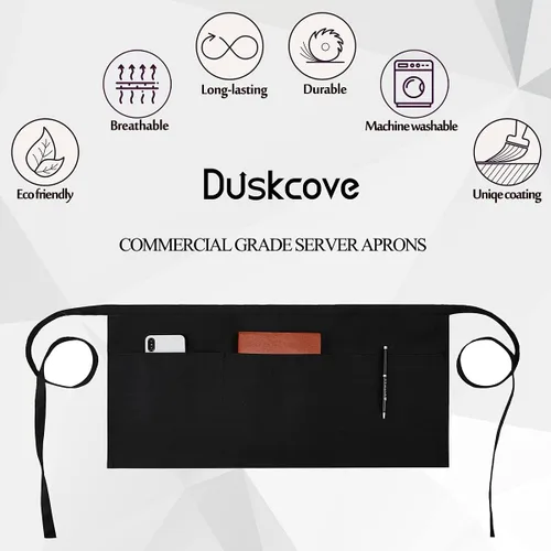 Vista 2 de DUSKCOVE Paquete de 12 delantales de servidor con 3 bolsillos, medio delantal para camarera para mujeres y hombres, resistente al agua con correa