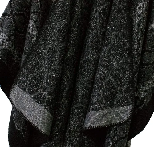 Vista 5 de Chal estilo poncho de frente abierta con patrón vintage para mujer, abrigo de invierno Serie 15-negro