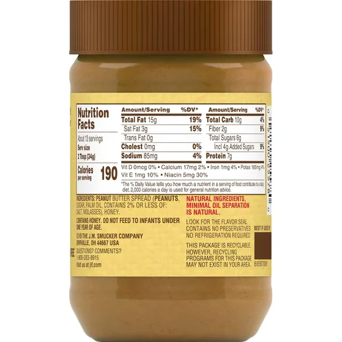 Vista 7 de Jif Natural - Crema de maní natural para untar y miel, 16 onzas, contiene 80 % de cacahuates 7g protein per serving, 7% DV, See nutrition