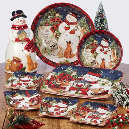 Vista 10 de Magic of Christmas Snowman - Juego de vajilla navideña de 16 piezas, servicio para 4, platos alegres de invierno, tazas y cuencos para comidas
