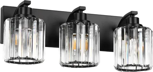 Vista 9 de 3 luces de cristal para tocador de baño, moderna lámpara de baño negra sobre espejo, luces de tocador para dormitorio, baño, pasillo, base E26