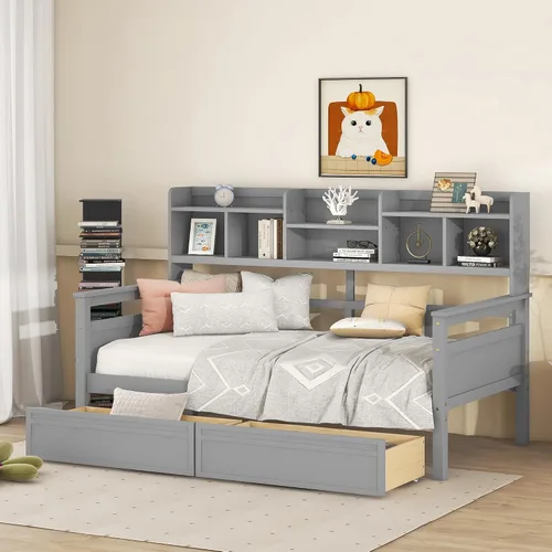 Vista 13 de Sofá cama de tamaño individual con cajones, sofá cama individual de madera con estante de noche, soporte de listones de madera, espresso
