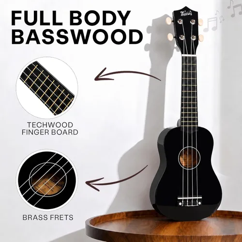 Vista 2 de Trendy Ukelele soprano de 21 pulgadas negro kit para principiantes bolsa de transporte afinador correa de cuerda cuadrada diapasón pegatinas ukelele