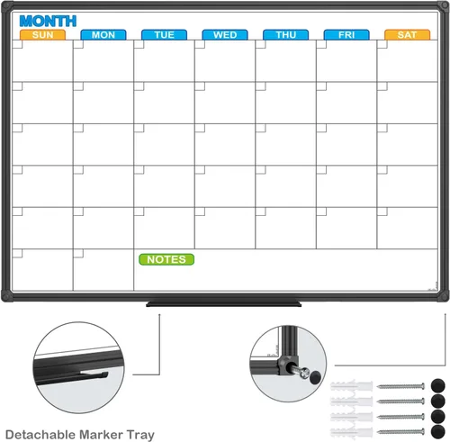 Vista 2 de JILoffice Calendario de Pizarra Blanca de Borrado en Seco - Calendario de Pizarra Blanca Magnética Mensual 24 X 18 Pulgadas, Marco de Aluminio Negro