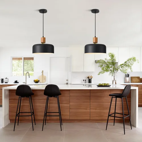 Vista 7 de Lámpara colgante moderna negra sobre isla de cocina, iluminación colgante industrial, lámpara colgante de techo de madera ajustable para comedor