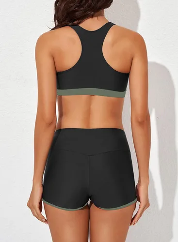 Vista 4 de Aleumdr Traje de baño deportivo de 3 piezas para mujer con pantalones cortos, camiseta sin mangas con brasier deportivo y pantalones cortos