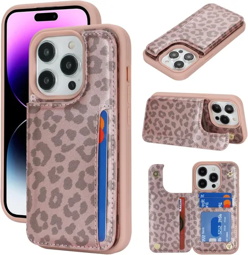 Vista 15 de iCoverCase Funda protectora de piel sintética compatible con iPhone 14 Pro Max con soporte para tarjetas, funda tipo cartera para mujeres y hombres