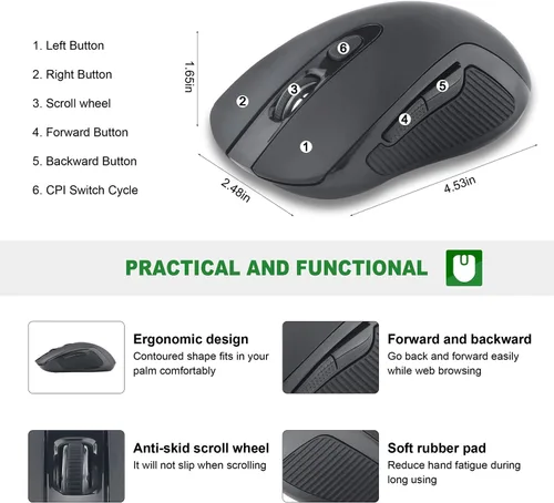 Vista 3 de Mouse óptico inalámbrico de 2,4 G, ahorro de energía, 5 DPI, 6 botones para PC y portátil