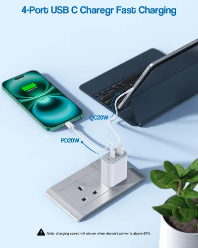 Vista 4 de Bloque de carga rápida de 40 W Apple 17 16, paquete de 2 bloques de cargador USB C rápido de 4 puertos, adaptador de corriente PD y adaptador QC