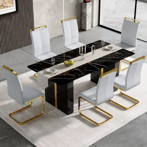 Vista 18 de Mesa de comedor moderna para mesa de comedor de mármol sintético blanco de 6, 8, 71 pulgadas, con patas negras y doradas, mesa de cocina rectangular