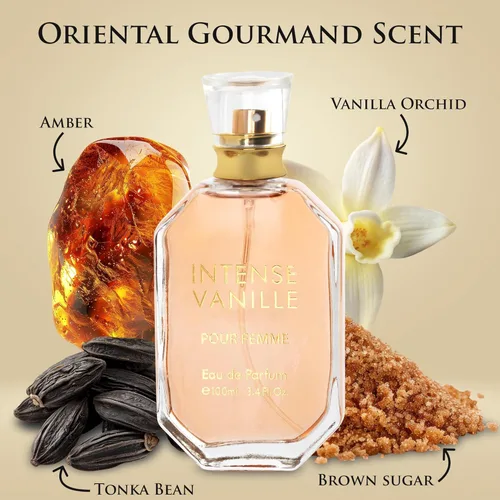 Vista 2 de Intense Vanille para mujer, fragancia oriental gourmand, notas superiores de mezcla de orquídea de vainilla y jazmín con frijol tonka y azúcar