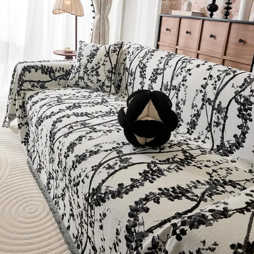 Vista 4 de DREAMINGO Funda de sofá decorativa de chenilla con diseño floral de granja Rama Botánica Negro