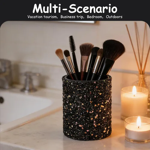 Vista 5 de Soporte para brochas de maquillaje, organizador de maquillaje, taza de encimera, cilindro moteado negro para pinceles y herramientas, ayuda a