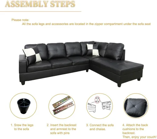 Vista 5 de A Ainehome Juego de sofá de sala de estar, 2 piezas, sofá seccional en forma de L, sofá de piel sintética con diván para sala de A-Negro