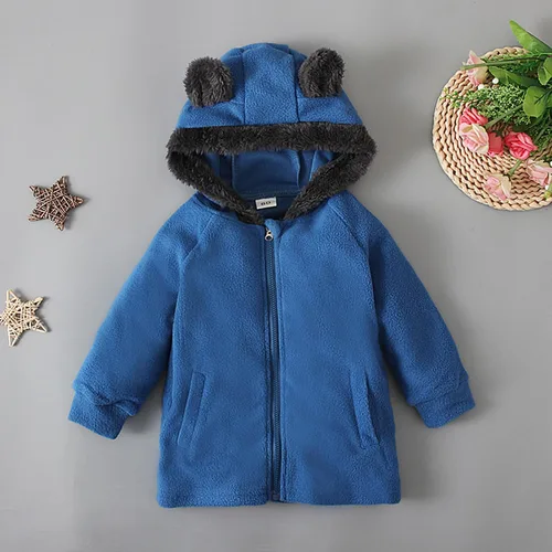 Vista 2 de Comigeewa Chaqueta con capucha y orejas para niños y niñas, cárdigan bonito con cremallera, prendas de vestir chaquetas cálidas sólidas, Azul