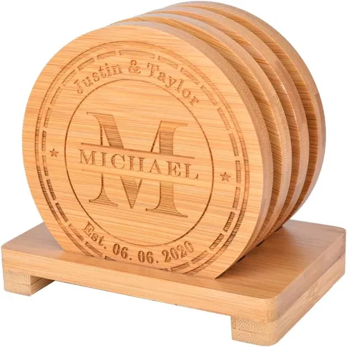 Vista 14 de Posavasos personalizados, posavasos grabados personalizados, posavasos de bambú para bebidas, posavasos de monograma con soporte, grandes regalos