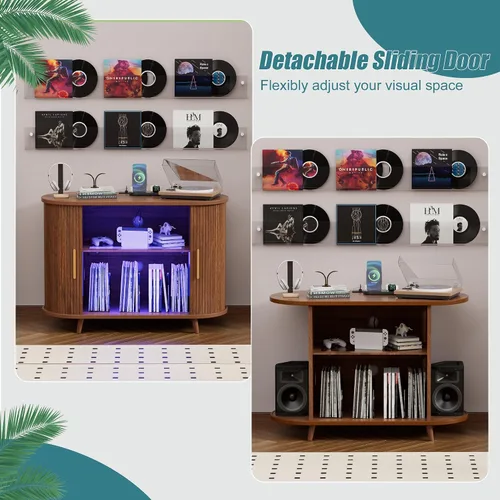 Vista 8 de Soporte grande para tocadiscos con luces LED, almacenamiento de discos de vinilo con estación de carga y puertos USB, gabinete para tocadiscos