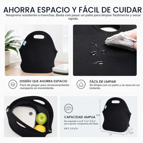 Vista 3 de Bolsa de almuerzo impermeable Ofeily para viandas con material de neopreno fino, bolsa de mamá, Negro