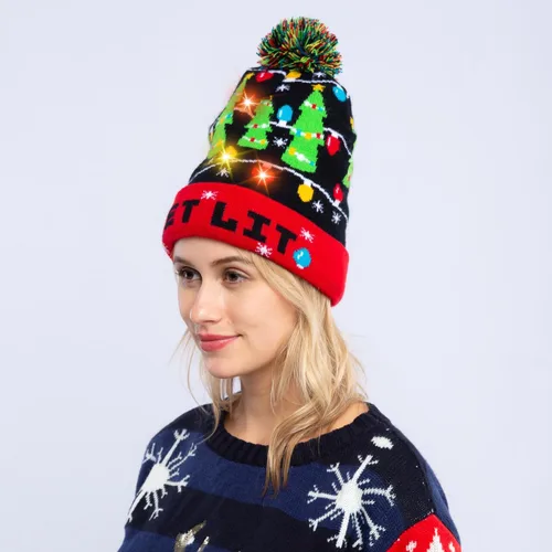 Vista 6 de JOYIN Gorro de punto con luz de Navidad, suéter feo de Navidad, gorro LED con 6 modos intermitentes, divertido gorro para mujeres y hombres