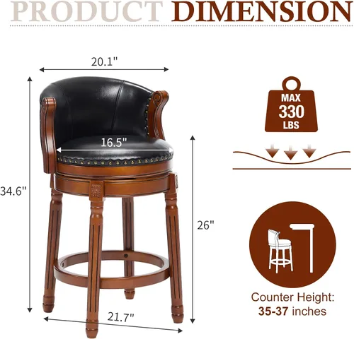 Vista 3 de CozyRain Taburetes de bar de madera de goma, taburete de bar tapizado de cuero con respaldo y reposapiés para el hogar, cocina, mostrador, comedor