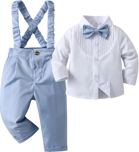 Vista 14 de Conjunto de pantalones para bebé, camisa de manga larga + pantalones + corbatín + tirantes, trajes de caballero para niños pequeños