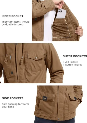 Vista 5 de MAGCOMSEN Men's Winter Coat Military Jacket Fleece Lined Parka Cotton Cargo Jacket