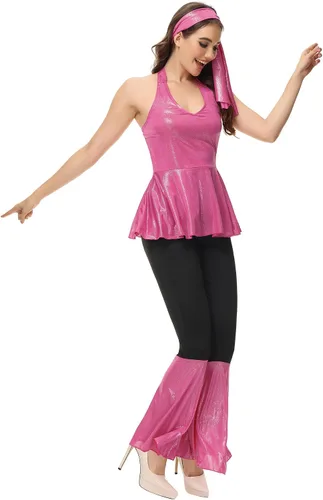 Vista 19 de frawirshau Disfraz de discoteca para mujer, disfraz de los años 70, disfraz de Halloween para mujer
