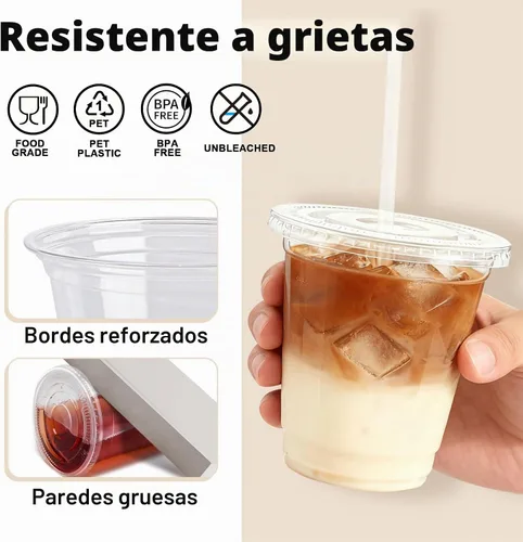 Vista 3 de Lamosi Paquete de 100 vasos de plástico transparente de 12 onzas con tapas y pajitas, tazas de café de plástico desechables con tapas para café