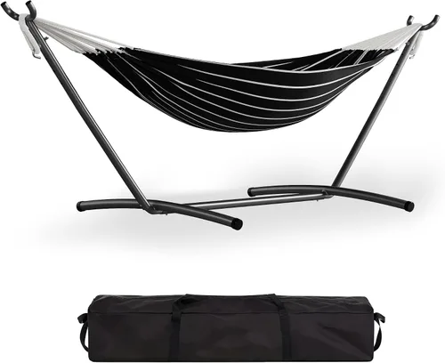 Vista 8 de GarveeLife Hamaca de 57 pulgadas para 2 personas, hamaca de algodón de diseño ampliado con soporte de metal, construcción resistente, capacidad