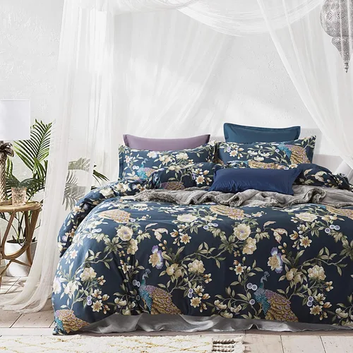 Vista 6 de Eikei - Funda de edredón floral con pavo real majestuoso de jardín oriental Estilo asiático elegante Chinoiserie Árboles en flor, vides y ramas