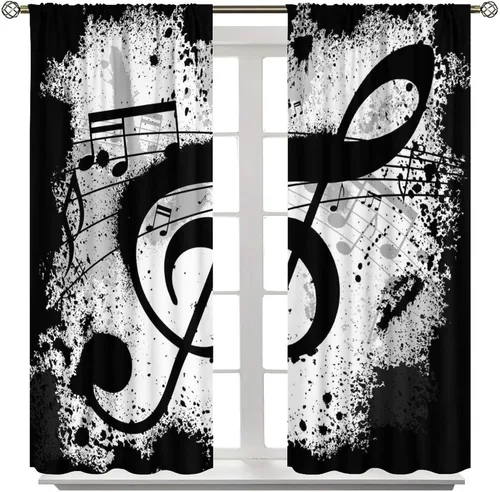 Vista 3 de Cortinas de ventana de música, notas musicales blancas y negras, tratamiento de ventana de patrón abstracto para dormitorio, sala de estar, Music-6