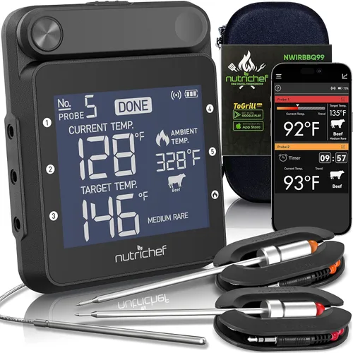 Vista 5 de NutriChef Termómetro inteligente Bluetooth para parrilla de barbacoa, pantalla digital, sondas dobles de acero inoxidable seguro para dejar